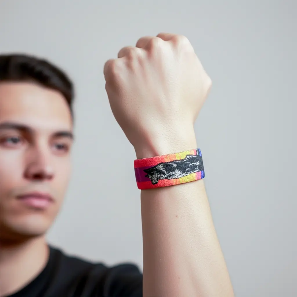 FENRIS KURT DESEN ELASTİK BİLEKLİK Fenris elastik bileklik – renkli arka plan üzerinde kurt illüstrasyonlu unisex kumaş bileklik, model üzerinde görünüm