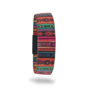 Pembe, turkuaz ve turuncu şeritli, etnik kilim desenli Zayora elastik bileklik.