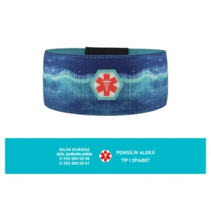 Medikal Kimlik Bileklik Medwave. Mavi ve turkuaz dalga desenli, kırmızı logolu kişiye özel Medwave medikal bileklik.