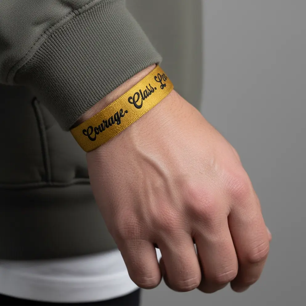 ASLAN BURCU İNCE ELASTİK BİLEKLİK Gri sweatshirt giyen erkeğin bileğinde altın sarısı 'Courage. Class. Lead.' yazılı Aslan burcu bileklik.