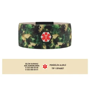 medikal kimlik bileklik medshield. Yeşil kamuflaj desenli ve kırmızı medikal logolu, kişiye özel Medshield bileklik.